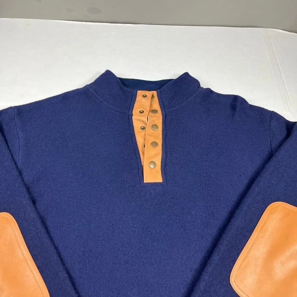 Orvis Mens 1/4 Snap Button Wool Sweater Blue Faux Leather Trim Rugged Pullover L
